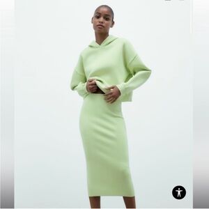 ZARA knit 2 piece set Lime Green Women's cropped Hoodie & pencil skirt